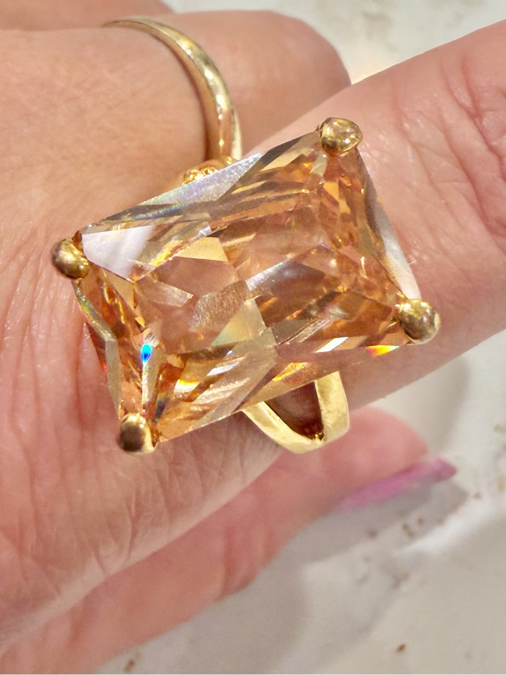 Gold Plated Champagne CZ Emerald Cut Statement Cocktail Ring SZ 9.25